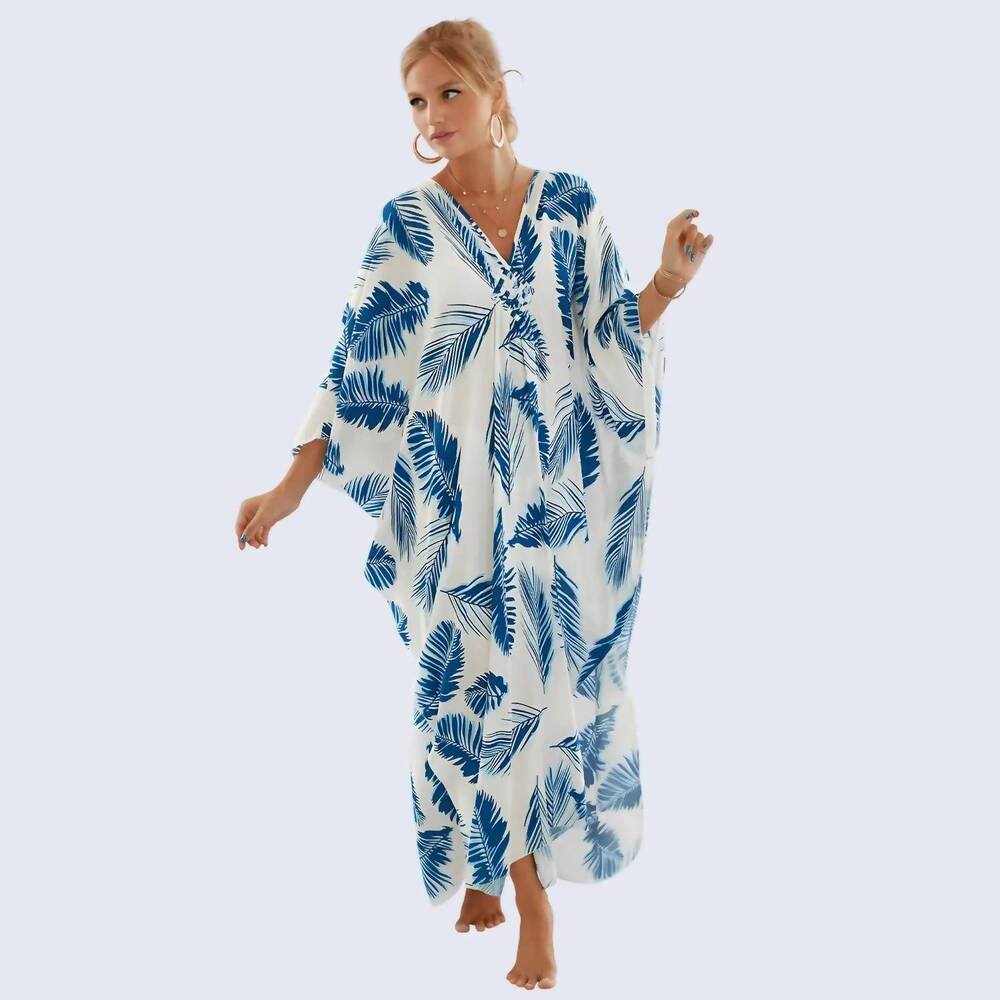 NEW MISS LAVISH LONDON printed cotton blend kaftan dress in blue feather